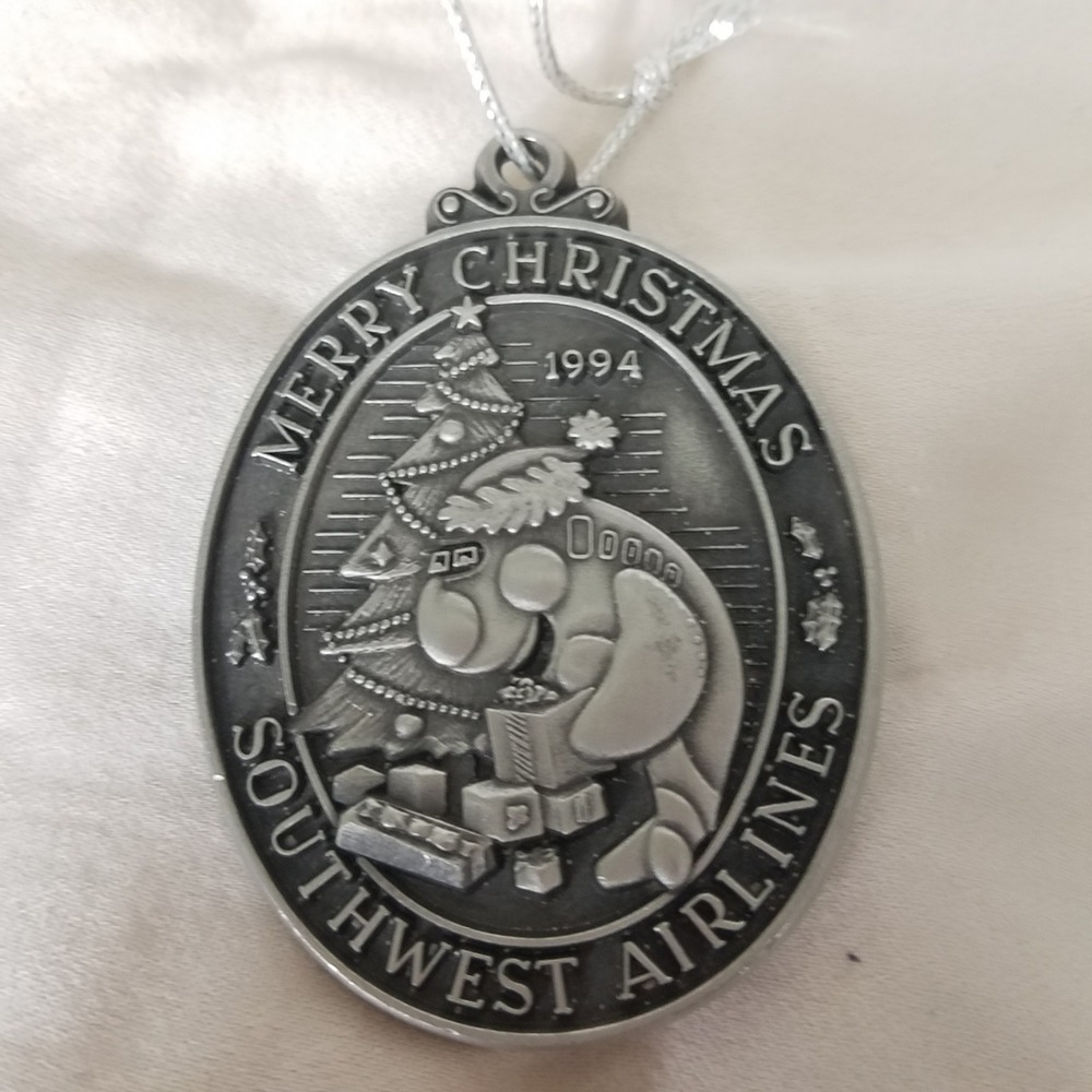Southwest Airlines Christmas Ornament Silver Excellent 1994 Pewter Plane